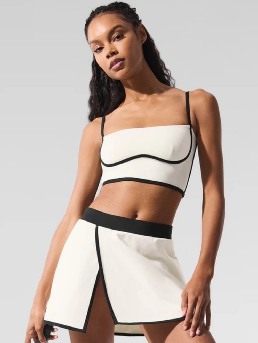Alo Airbrush White Crop Tank Top with Black Trim Bra Sport Bra
